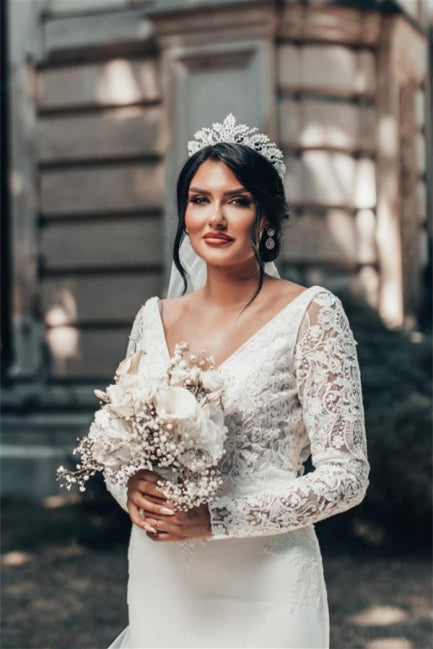 Romantic Backless Long Sleeves Mermaid Wedding Dresses-misshow.com