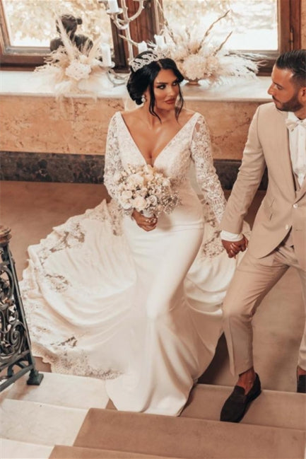 Romantic Backless Long Sleeves Mermaid Wedding Dresses-misshow.com