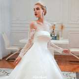 Looking for  in Satin, A-line,Ball Gown,Princess style, and Gorgeous Lace work  MISSHOW has all covered on this elegant Romantic Lace Princess Satin Wedding Dress| Aline Bridal Gown with Cathedral Train