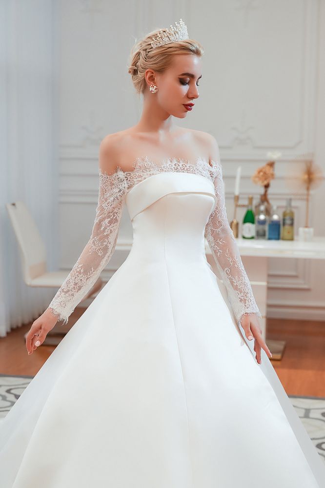 Looking for  in Satin, A-line,Ball Gown,Princess style, and Gorgeous Lace work  MISSHOW has all covered on this elegant Romantic Lace Princess Satin Wedding Dress| Aline Bridal Gown with Cathedral Train