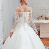 Looking for  in Satin, A-line,Ball Gown,Princess style, and Gorgeous Lace work  MISSHOW has all covered on this elegant Romantic Lace Princess Satin Wedding Dress| Aline Bridal Gown with Cathedral Train