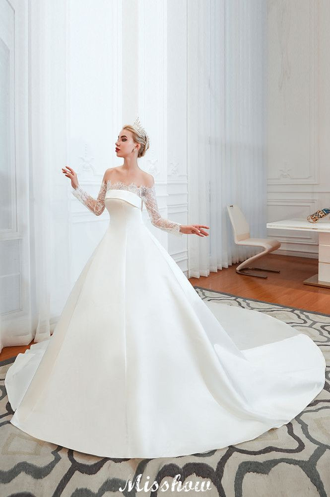 Looking for  in Satin, A-line,Ball Gown,Princess style, and Gorgeous Lace work  MISSHOW has all covered on this elegant Romantic Lace Princess Satin Wedding Dress| Aline Bridal Gown with Cathedral Train