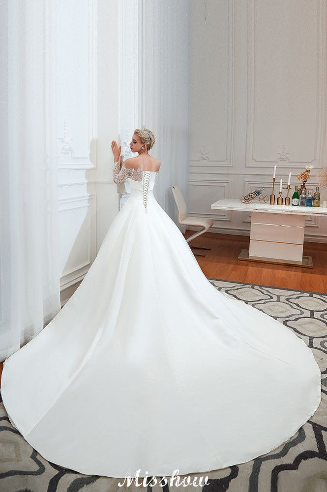 Looking for  in Satin, A-line,Ball Gown,Princess style, and Gorgeous Lace work  MISSHOW has all covered on this elegant Romantic Lace Princess Satin Wedding Dress| Aline Bridal Gown with Cathedral Train