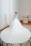 Looking for  in Satin, A-line,Ball Gown,Princess style, and Gorgeous Lace work  MISSHOW has all covered on this elegant Romantic Lace Princess Satin Wedding Dress| Aline Bridal Gown with Cathedral Train