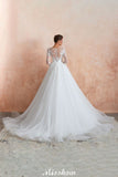 Looking for  in Tulle, A-line,Ball Gown,Princess style, and Gorgeous Lace work  MISSHOW has all covered on this elegant Romantic Long Sleeve Lace Ball Gown Tulle Fully Covered Buttons Aline Wedding Dress with Court Train