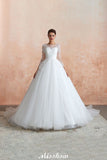 Looking for  in Tulle, A-line,Ball Gown,Princess style, and Gorgeous Lace work  MISSHOW has all covered on this elegant Romantic Long Sleeve Lace Ball Gown Tulle Fully Covered Buttons Aline Wedding Dress with Court Train