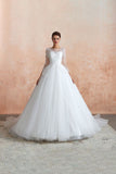 Looking for  in Tulle, A-line,Ball Gown,Princess style, and Gorgeous Lace work  MISSHOW has all covered on this elegant Romantic Long Sleeve Lace Ball Gown Tulle Fully Covered Buttons Aline Wedding Dress with Court Train