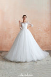 Looking for  in Tulle, A-line,Ball Gown,Princess style, and Gorgeous Lace work  MISSHOW has all covered on this elegant Romantic Long Sleeve Lace Ball Gown Tulle Fully Covered Buttons Aline Wedding Dress with Court Train