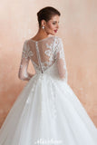 Looking for  in Tulle, A-line,Ball Gown,Princess style, and Gorgeous Lace work  MISSHOW has all covered on this elegant Romantic Long Sleeve Lace Ball Gown Tulle Fully Covered Buttons Aline Wedding Dress with Court Train