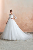 Looking for  in Tulle, A-line,Ball Gown,Princess style, and Gorgeous Lace work  MISSHOW has all covered on this elegant Romantic Long Sleeve Lace Ball Gown Tulle Fully Covered Buttons Aline Wedding Dress with Court Train