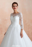 Looking for  in Tulle, A-line,Ball Gown,Princess style, and Gorgeous Lace work  MISSHOW has all covered on this elegant Romantic Long Sleeve Lace Ball Gown Tulle Fully Covered Buttons Aline Wedding Dress with Court Train