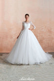 Looking for  in Tulle, A-line,Ball Gown,Princess style, and Gorgeous Lace work  MISSHOW has all covered on this elegant Romantic Long Sleeve Lace Ball Gown Tulle Fully Covered Buttons Aline Wedding Dress with Court Train