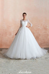Romantic Long Sleeve Lace Ball Gown Tulle Fully Covered Buttons Aline Wedding Dress with Court Train MISSHOW misshow