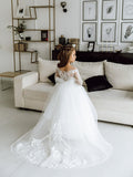 Romantic Long Sleeves White Tulle Lace Appliques Flower Girl Dress-misshow.com