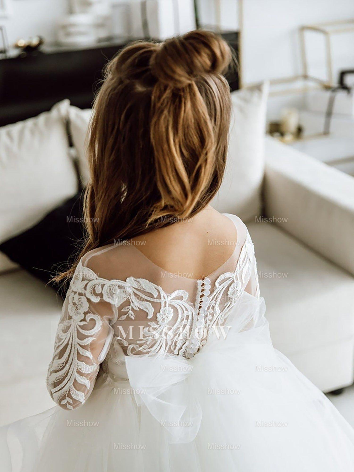 Romantic Long Sleeves White Tulle Lace Appliques Flower Girl Dress Ivory / 7 Romantic Long Sleeves White Tulle Lace Appliques Flower Girl Dress Ivory / 7