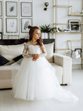 Romantic Long Sleeves White Tulle Lace Appliques Flower Girl Dress-misshow.com