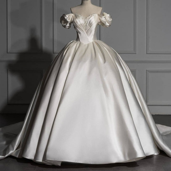 Romantic Off-the-shoulder Ball Gown Satin Wedding Dresses-misshow.com