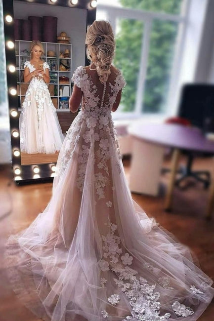 Romantic Sleeveless Aline Wedding Dress 3D Floral Lace Tulle Bridal Dress-misshow.com