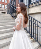 Romantic Soft Lace Wedding Dress Long Sleeves Aline Bridal Dress with V-Neck-misshow.com