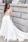 Romantic Soft Lace Wedding Dress Long Sleeves Aline Bridal Dress with V-Neck-misshow.com