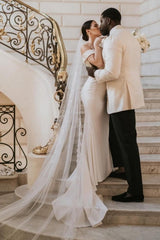 Romantic spaghetti straps cap sleeves mermaid satin Wedding dress