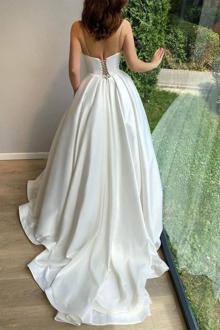 Romantic Spaghetti Straps White Lace Appliques Aline Wedding Dress Sleeveless Bridal Dress with Train-misshow.com