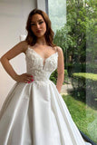 Romantic Spaghetti Straps White Lace Appliques Aline Wedding Dress Sleeveless Bridal Dress with Train-misshow.com