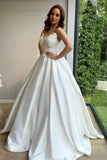 Romantic Spaghetti Straps White Lace Appliques Aline Wedding Dress Sleeveless Bridal Dress with Train