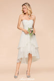 Romantic White/Ivory Sweetheart Hi-Lo Bridesmaid Dress Sleeveless Beach Wedding Guest Dress-misshow.com