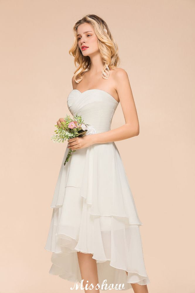 Romantic White/Ivory Sweetheart Hi-Lo Bridesmaid Dress Sleeveless Beach Wedding Guest Dress | MISSHOW Romantic White/Ivory Sweetheart Hi-Lo Bridesmaid Dress Sleeveless Beach Wedding Guest Dress | MISSHOW