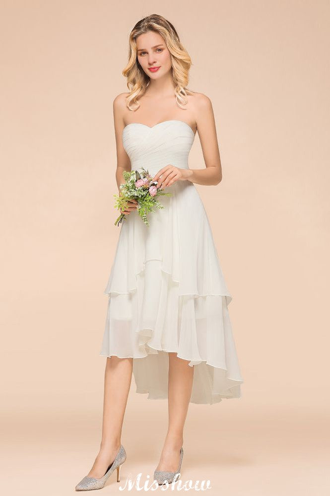 Romantic White/Ivory Sweetheart Hi-Lo Bridesmaid Dress Sleeveless Beach Wedding Guest Dress | MISSHOW Romantic White/Ivory Sweetheart Hi-Lo Bridesmaid Dress Sleeveless Beach Wedding Guest Dress | MISSHOW