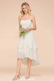 Romantic White/Ivory Sweetheart Hi-Lo Bridesmaid Dress Sleeveless Beach Wedding Guest Dress-misshow.com