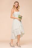 Romantic White/Ivory Sweetheart Hi-Lo Bridesmaid Dress Sleeveless Beach Wedding Guest Dress-misshow.com