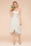 Romantic White/Ivory Sweetheart Hi-Lo Bridesmaid Dress Sleeveless Beach Wedding Guest Dress-misshow.com