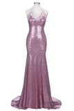 Rose Pink Sequins Mermaid Long Spaghetti Straps V-neck Prom Dresses