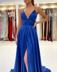 Royal Blue A-line Backless Long Prom Evening Dresses-misshow.com