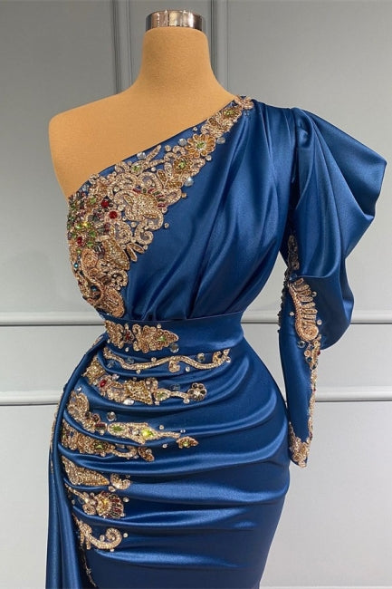 Royal Blue Asymmetric One Shoulder Stretch Satin Prom Dress with Appliques-misshow.com