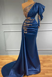 Royal Blue Asymmetric One Shoulder Stretch Satin Prom Dress with Appliques