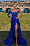 Royal Blue Long Glitter Split Mermaid Prom Dresses With Sleeves