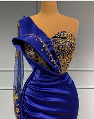 Royal Blue Long One Shoulder Mermaid Prom Evening Dresses with Sleeves-misshow.com