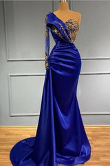 Royal Blue Long One Shoulder Mermaid Prom Evening Dresses with Sleeves-misshow.com