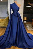 Royal Blue Long Sleeves One Shoulder A-line Split Prom Dresses