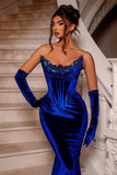 Royal Blue Long Velvet Beading Sleeveless Mermaid Prom Dresses-misshow.com