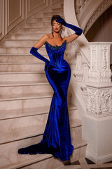 Royal Blue Long Velvet Beading Sleeveless Mermaid Prom Evening Dresses-misshow.com