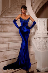 Royal Blue Long Velvet Beading Sleeveless Mermaid Prom Evening Dresses-misshow.com