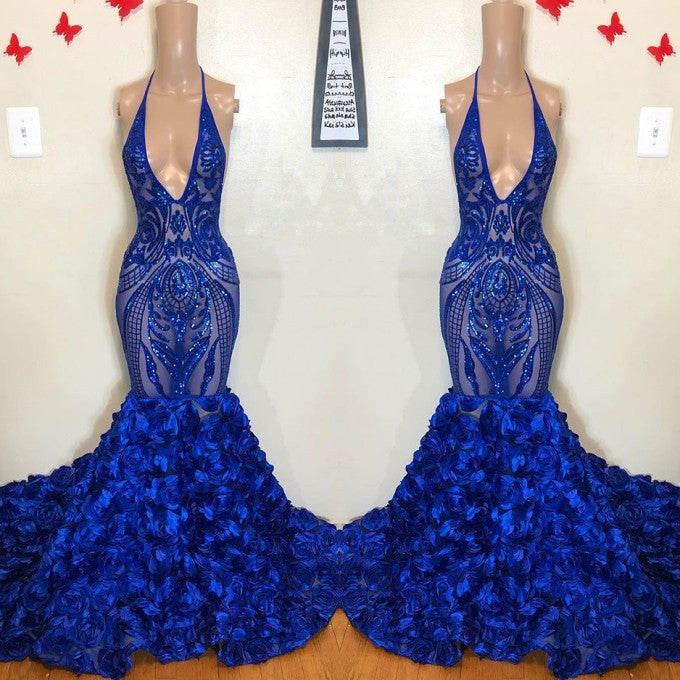 Royal Blue Mermaid Prom Dress Flowers Bottom Sequins V-Neck-misshow.com