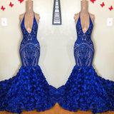Royal Blue Mermaid Prom Dress Flowers Bottom Sequins V-Neck-misshow.com