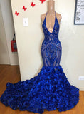 Royal Blue Mermaid Prom Dress Flowers Bottom Sequins V-Neck-misshow.com