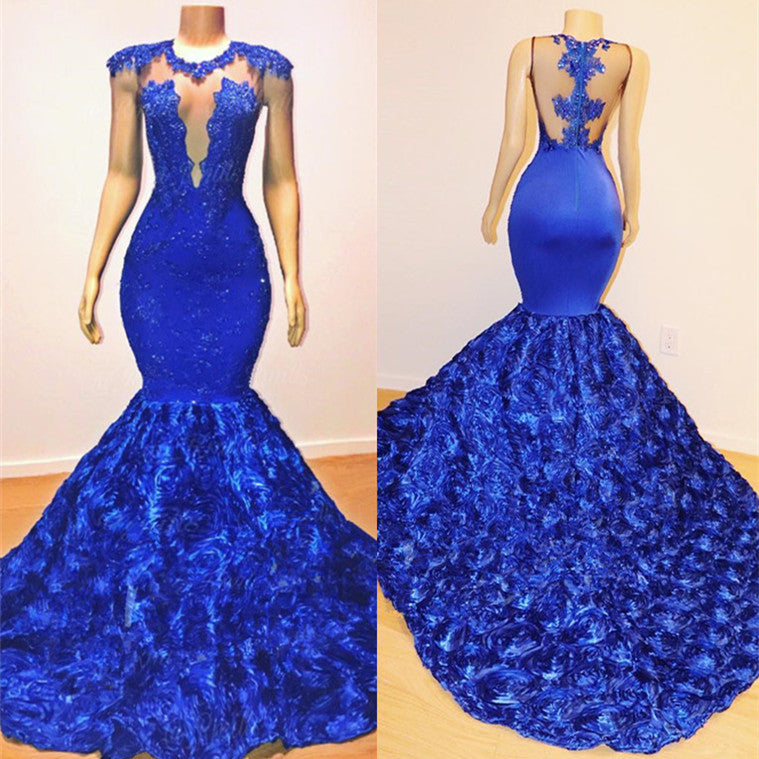 Royal Blue Mermaid Sexy Flowers Sleeveless Sheer Evening Dress-misshow.com