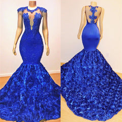 Royal Blue Mermaid Sexy Flowers Sleeveless Sheer Evening Dress-misshow.com